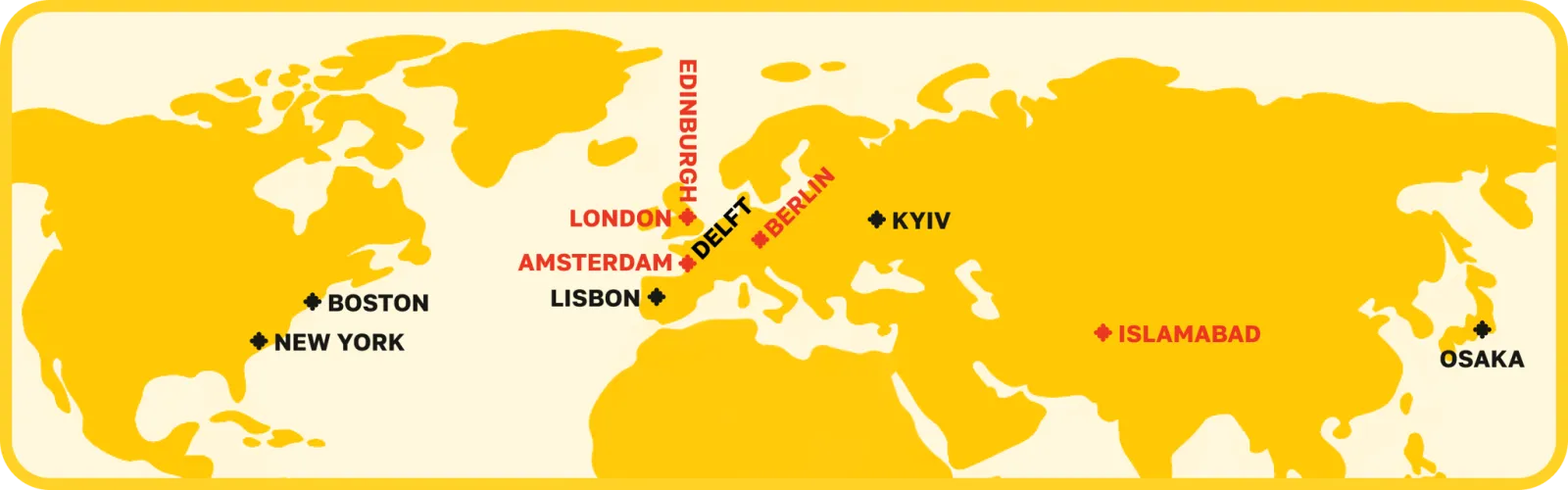 World map marking Vibe Coding Collective chapter cities: Edinburgh, London, Amsterdam, Delft, Berlin, Kyiv, Lisbon, Boston, New York, Islamabad and Osaka